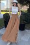 Women's Tan Elastic Waist, Straw Embroidered Pockets, Comfortable Fit, Long Kiloş Skirt