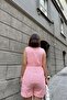 Highlighter Pink Sleeveless, Buttoned High End Collar, Elastic Waist, Pocket, Short Striped Jumpsuit with Shorts Model - 3