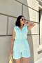 Neon Green Sleeveless, Buttoned High Collar, Elastic Waist, Pocket, Short Striped Jumpsuit with Shorts Model - 5