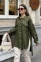 Women's Khaki Balloon Sleeve, Pleated, Slit, Oversize, Linen Tunic Shirt - 2