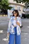 Ecru & Blue Classic Collar, Long Sleeve, Digital Printed Fabric, Regular Fit/Cut, Skirt Oval Shirt - 4