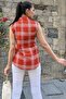 Women's Red Plaid Pattern, Textured Basement Fabric, Sleeveless Casual Shirt - 5