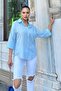 Women's Blue Three Quarter Sleeve, Oval Cut, Sweatproof, Flared Linen Casual Shirt - 5