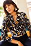 Women's Black Classic Collar Floral Print Long Sleeve Shirt, Regular Fit, Standard Size - 4