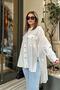 Women's White Balloon Sleeve, Pleated, Slit, Oversize, Linen Tunic Shirt - 6