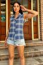 Women's Blue Plaid Pattern, Textured Fabric, Sleeveless Casual Shirt - 2