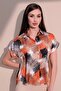 Women's Black Patterned Satin Shirt, Regular Fit, Short Sleeve and Standard Length.