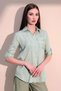Women's Green Long Sleeve Special Fabric Single Pocket Shirt Upright Striped Long Back Basic Cut Shirt - 4