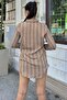 Women's Brown Long Sleeve Special Fabric Single Pocket Shirt Upright Striped Long Back Basic Cut Shirt - 4