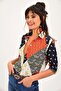 Women's Orange Patchwork Patterned Classic Collar Long Sleeve Standard Size Shirt - 2
