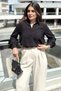 Women's Black Textured Fabric, Long, Balloon Sleeve, Relaxed Fit, Cotton Shirt - 2