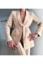 Women's Belted Blazer Jacket and Wide-Leg Pants Set Beige