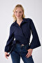 Women's Navy Blue Spanish Sleeve Tie Waist Belted Shirt - 6