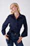 Women's Navy Blue Spanish Sleeve Tie Waist Belted Shirt - 5