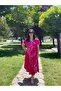Pink Coral Patterned V-Neck Casual Summer Dress – Asymmetrical Cut 38-50 Size Compatible