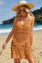 V-Neck Sleeveless Openwork Lace Detailed Mesh Double Slit Camel Beach Dress with Rope Strap