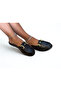 Black Genuine Leather Women's Sabo Slippers with Gold Accessories - 3