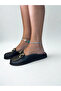 Black Genuine Leather Women's Sabo Slippers with Gold Accessories