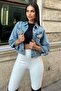 Short Denim Jeans Jacket with Snow Wash Buttons Pockets - 6
