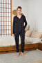 Black Star Patterned Shirt Collar Buttoned Milan Knitted Pajamas Suit25224011 - 2