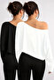 White - Black 2-Piece Women's Off Shoulder Boat Neck Oversize Long Sleeve Crop T-Shirt - 2