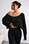 White - Black 2-Piece Women's Off Shoulder Boat Neck Oversize Long Sleeve Crop T-Shirt - 5