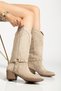 Women's Beige Suede Look Embroidered Trok Detailed Western Cowboy Boots - 2