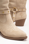 Women's Beige Suede Look Embroidered Trok Detailed Western Cowboy Boots - 6