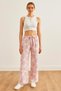 Women's Pink White Belted Elastic Waist Relaxed Fit Palazzo Linen Trousers