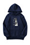 Unisex Oversize Hooded Winter Wolf Printed Hooded Sweatshirt - Navy Blue