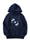 Unisex Oversize Hooded Winter Double Dolphin Printed Hooded Sweatshirt - Navy Blue