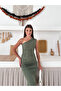 Women's Khaki Stone Detailed One Shoulder and Slit Long Dress - 7