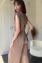 Padded Waist Detailed Crinkle Pleated Wide Leg Brown Jumpsuit - 7
