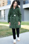 Khaki Belted Nubuck Fabric Girl's Fur Lined Hooded down Coat 21313 - 4