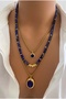 Set of Three Necklaces Steel Chain Natural Stone Navy Blue Varistone Gold Plated Stone End Women's Necklace in Gift Box - 3