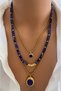 Set of Three Necklaces Steel Chain Natural Stone Navy Blue Varistone Gold Plated Stone End Women's Necklace in Gift Box - 4