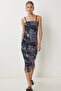 Draped Patterned Tulle Dress with Straps Lan0049 Anthracite