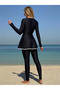 Semi-Closed Tights Zippered Hijab Swimsuit Black and White Piping Detail - 5