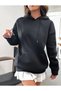 Plus Size Women's Black Good Vibes Print Detailed Hooded Pocket Sweatshirt-Hoodie - 3