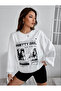 Plus Size White Printed 3 thread Oversize Crew Neck Sweatshirt - 4