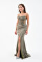 Women's Khaki Slim Fit Strapless Beaded Long Satin Evening Dress - 2