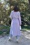 Women's Lilac Double Pocket, Waist Belt, Buttonless, Long Stamp Coat - 3