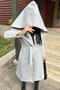 Gray Double Breasted Neckline, Hood, Double Pocket, Waist Belt, Long Stamp Coat (No Lining) - 5