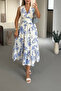 Women's Double Breasted Midi Length Patterned Blue White Dress 4S715