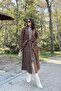 Women's Brown Double Pocket, Waist Belt, Buttonless, Long Stamp Coat - 5
