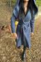 Indigo Double Breasted Collar, Hooded, Double Pockets, Waist Belt, Long Cashmere Coat (Unlined) - 4