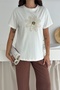 White Pearl and Sequin Flower Embroidered Cotton T-Shirt - 2
