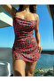 Women's Red Leopard Backless Mini Dress – Strap, Leg Slit & Stretchy Combed Cotton - 3