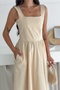 Women's Beige Strap Pocket Cotton Dress - 2