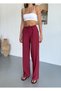 Women's Wide Leg Elastic Waist Burgundy Trousers - 4